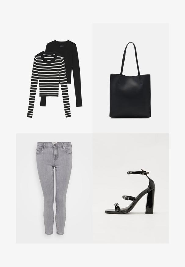 T-shirt de manga longa preta com textura de costela e t-shirt preta e branca com riscas, ambas com decote redondo e um design ajustado.; Jeans skinny cinzentos feitos de denim. Apresentam uma cintura de altura média, cinco bolsos e um leve efeito de lavagem. Sem marcas visíveis na frente.; Sandálias pretas de verniz com salto alto, duas fivelas, biqueira quadrada e salto largo, apresentando uma textura lisa e brilhante.; Bolsa tote preta em couro com textura lisa, forma retangular e duas alças longas. Sem hardware ou enfeites visíveis.