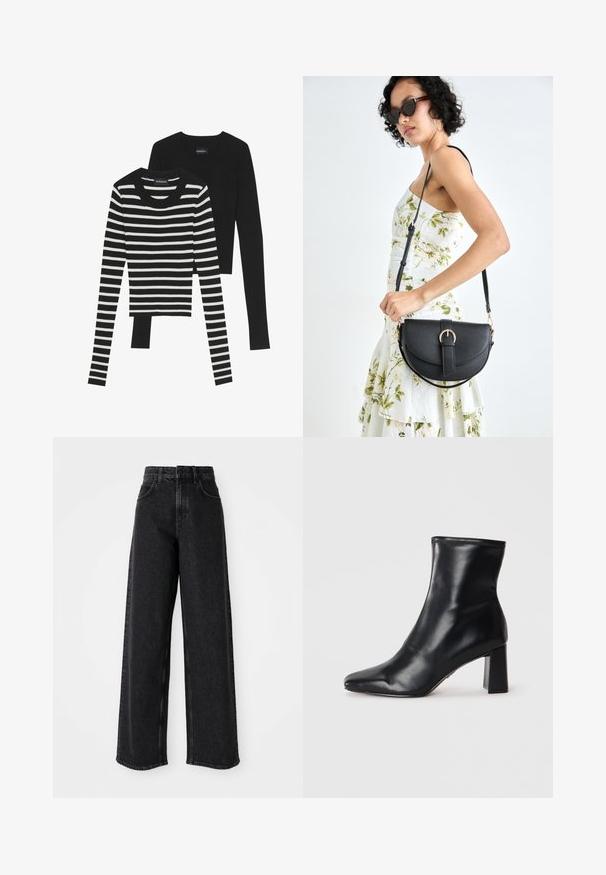 Top negru cu maneci lungi și top cu dungi negre și albe, ambele având guler rotund și un design ajustat.; Jeans negre cu talie înaltă și picior larg, fabricate din denim, având un design clasic cu cinci buzunare și detalii subtile de cusătură.; Botine negre din piele cu vârf ascuțit și toc bloc structurat. Textură netedă cu un design elegant și minimalist.; Geantă din piele neagră, cu o formă curbată, curea detașabilă și accesorii aurii. Geanta are un capac cu un detaliu tip cataramă.
