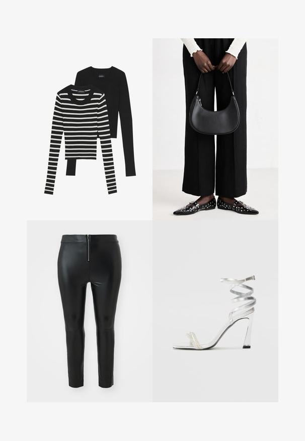 Svart ribbestrikket langermet topp og svart-hvitt stripet ribbestrikket topp, begge med rund hals og tettsittende design.; Sorte faux lær bukser med høy midje, med en baklomme og en slim fit. Jevn tekstur og minimalistisk design.; Sølv høyhælte sandaler med et glitrende stroppdesign, som har en perle-lignende akcent og en spiralformet ankelstropp for sikker passform.; Svart skinn skulderveske med en avrundet form, glanset overflate og sølvfargede detaljer. Person iført sorte vide bukser og naglede loafers.; Svart skinn skulderveske med en avrundet form, glanset overflate og sølvfargede detaljer. Person iført sorte vide bukser og naglede loafers.