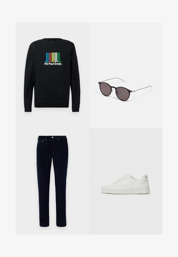 Black sweatshirt with long sleeves, rounded neck, featuring "PS Paul Smith" logo in vibrant stripes of blue, red, yellow, green, and white.; Men's slim-fit dark blue corduroy pants with front and back pockets, belt loops, and a button closure.; White leather sneaker with a smooth finish, round toe, flat laces, and a textured sole. Features a subtle logo on the heel.; Black round sunglasses with dark lenses and slim metal arms. Includes clear temple tips and silver accents at the hinge. Minimalist design.