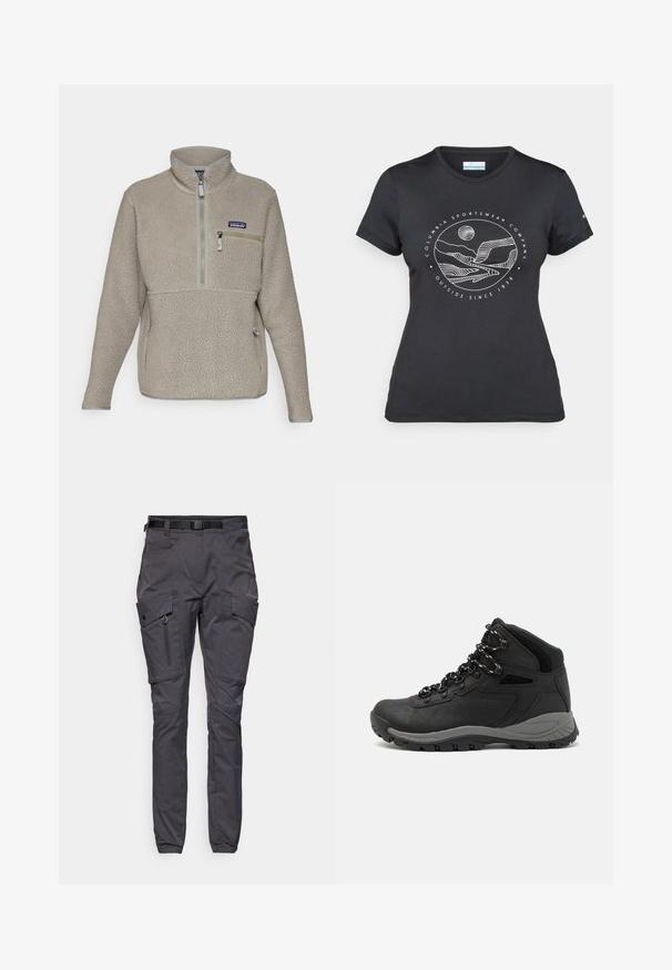 Világos taupe bolyhos dzseki magas gallérral, fél cipzárral és cipzáras mellzsebbel. Texturált anyaggal és kontrasztos szürke díszítéssel rendelkezik.; Fekete Columbia póló fehér, kör alakú hegy és folyó vonalrajzzal, valamint a "Columbia Sportswear Company Outside Since 1938" felirattal.; Szürke cargo nadrág tartós anyagból, több zsebbel, cipzáras lábzsebbel és csattal ellátott övvel.; Fekete túracipő közepes magasságú kialakítással, texturált felsőrésszel, szürke részletekkel és strapabíró gumitalppal, amelynek tapadós kiemelkedései vannak.