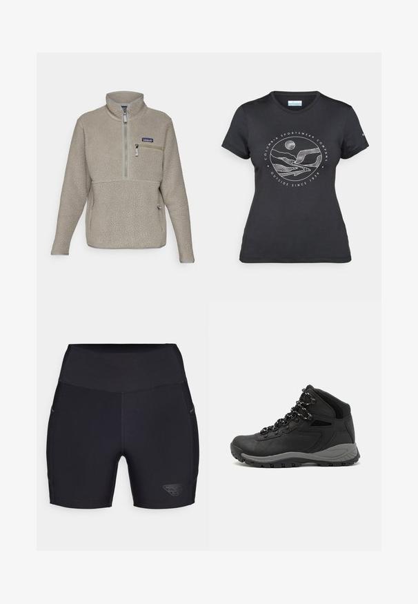 Jasno taupe'owa polarowa kurtka z wysokim kołnierzem, pół-zamkiem z przodu i kieszenią na zamek błyskawiczny na piersi. Posiada teksturowany materiał i kontrastowe szare wykończenia.; Czarny t-shirt Columbia z białą okrągłą grafiką gór i rzeki oraz napisem "Columbia Sportswear Company Outside Since 1938."; Czarne krótkie spodenki sportowe z wysokim stanem, wykonane z elastycznego materiału. Wśród cech znajdują się logo po boku oraz dyskretne kieszenie po bokach.; Czarne buty trekkingowe z średnim cholewem, z teksturowaną cholewą, szarymi akcentami oraz trwałą gumową podeszwą z wypustkami zapewniającymi przyczepność.
