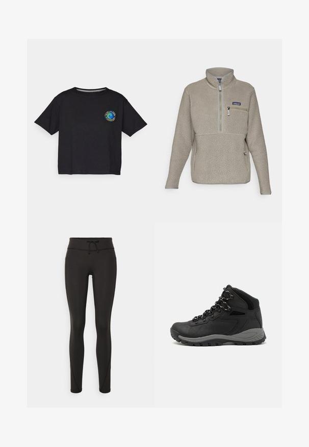 Világos taupe bolyhos dzseki magas gallérral, fél cipzárral és cipzáras mellzsebbel. Texturált anyaggal és kontrasztos szürke díszítéssel rendelkezik.; Fekete pamut rövid ujjú póló, melynek mellkasán egy kör alakú, színes logó található. Egyenes alj és laza szabás jellemzi.; Fekete leggings magas derékkal, zsinórral, sima textúrával és testhezálló kialakítással. Oldalt varrási részletekkel rendelkezik.; Fekete túracipő közepes magasságú kialakítással, texturált felsőrésszel, szürke részletekkel és strapabíró gumitalppal, amelynek tapadós kiemelkedései vannak.