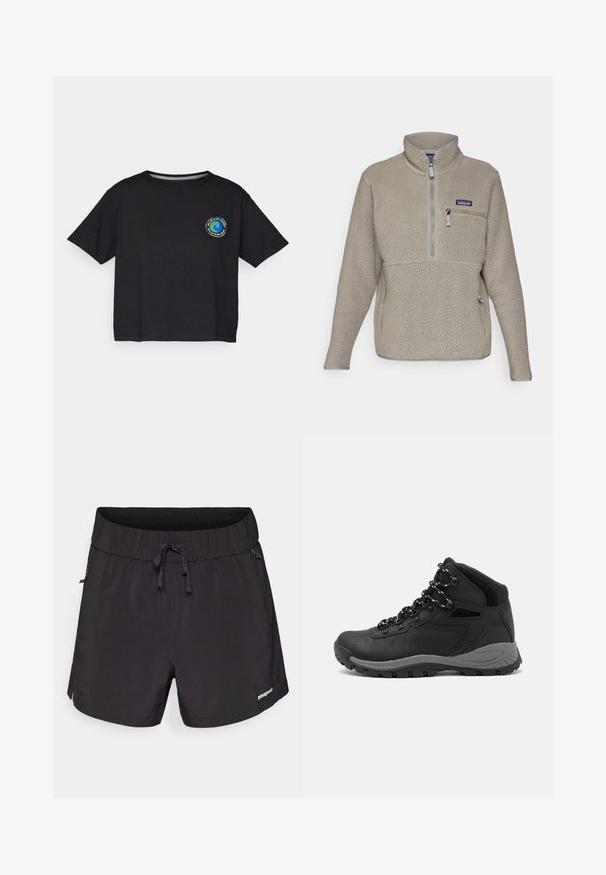 Lys taupe fleecejakke med høj krave, halvlynlås foran og en lynlåslomme på brystet. Den har tekstureret stof og kontrasterende grå kant.; Sort bomulds T-shirt med korte ærmer, der har et cirkulært, farverigt logo på brystet. Lige kant og afslappet pasform.; Sorte svømshorts lavet af letvægtsstof, med elastisk talje, snoretræk og sidelommer for funktionalitet.; Sort vandrestøvle med en mellem-højde design, der har en tekstureret overdel, grå detaljer og en holdbar gummisål med skridsikre klodser.