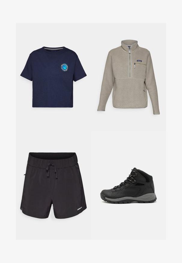 Licht taupe fleecejack met een hoge kraag, half-rits voorkant en een rits borstzak. Kenmerkt zich door textuurstof en contrasterende grijze afwerking.; Patagonia UNITY FITZ EASY CUT RESPONSIBILI-TEE - T-shirt print - new navy; Zwarte zwemshorts van lichtgewicht stof, met een elastische tailleband, trekkoord en zijzakken voor functionaliteit.; Zwarte wandelschoen met een mid-top ontwerp, voorzien van een gestructureerde bovenkant, grijze accenten en een duurzame rubberen zool met gripnoppen.