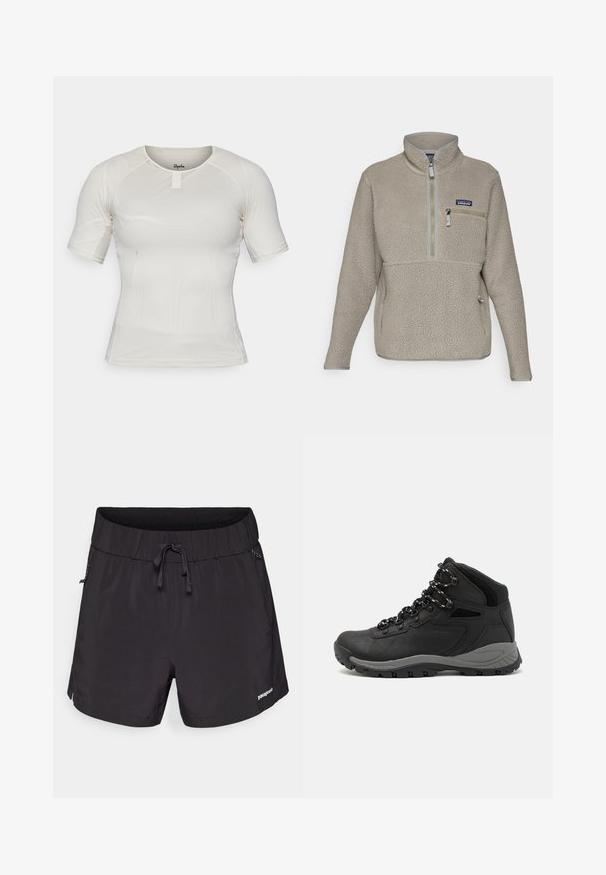 Light taupe fleece jacket with a high collar, half-zip front, and a zippered chest pocket. Features textured fabric and contrasting gray trim.; Short-sleeve athletic shirt in light beige mesh fabric with a round neckline and front tab detail. Stretchy, fitted design for comfort.; Black swim shorts made from lightweight fabric, featuring an elastic waistband, drawstring, and side pockets for functionality.; Black hiking boot with a mid-top design, featuring a textured upper, gray accents, and durable rubber sole with traction lugs.