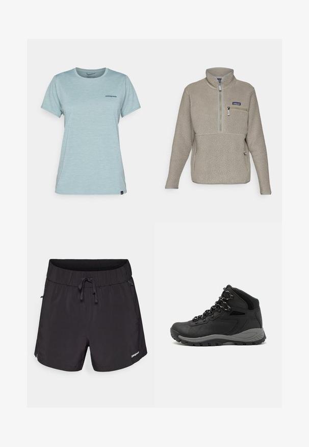 Jaqueta de fleece taupe claro com colarinho elevado, fecho de meio zíper na frente e um bolso no peito com zipper. Apresenta um tecido texturizado e um acabamento em cinza contrastante.; T-shirt de manga curta azul-claro, feita de um tecido suave e respirável, com um pequeno logotipo azul-marinho no peito e um decote em crew.; Fato de banho preto feito de tecido leve, com uma cintura elástica, cordão e bolsos laterais para maior funcionalidade.; Bota de caminhada preta com design de cano médio, apresentando um upper texturizado, detalhes cinzentos e sola de borracha durável com cravos de tração.
