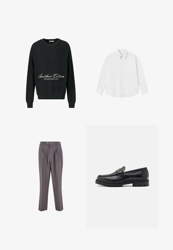 Svart stickad tröja med rund halsringning, ribbad textur och broderad text "Another Cotton ETABLERAD 2023" i vitt.; Vit skjorta med klassisk krage, långa ärmar och rundad nederkant; har en liten orange logotyp på nederkanten till vänster.; Grå plisserade byxor i slät tyg, med rak bendesign, en enkel knappstängning och sneda sidofickor.; Svarta lädermockasiner med en slät finish, rund tå, en dekorativ rem med guldfärgad hårdvara och en hållbar svart sula.