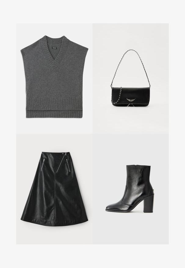 Siv spletan brezrokavnik z V-izrezom, rebrastim ovratnikom in robom. Mehak pleten material, ki vključuje subtilen logotipni detajl blizu spodnjega roba.; Črna usnjena A-line krila z rahlo svetlečo teksturo, ki ima dve asimetrični žepni zadrgi in zapiranje na gumb na pasu.; Črne usnjene gležnarske čevlje z gladko teksturo, koničastim nosom in debelim visokim petam. Imajo stransko odprtino in minimalističen dizajn.; Črna usnjena torbica s srebrnim verižnim ročajem, ki ima okrasne krilate poudarke in belo šivanje ob spodnjem šivu.
