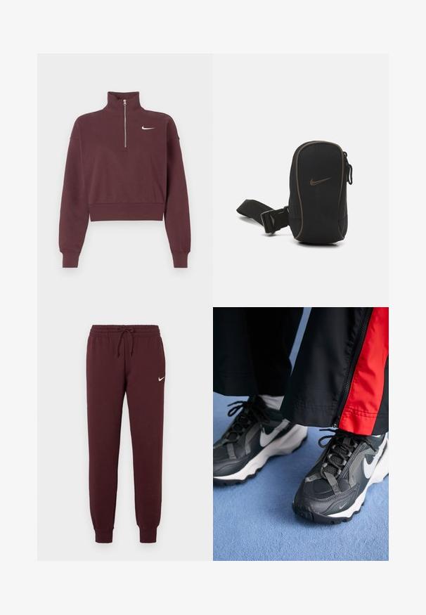 Μαρόνο φούτερ με φερμουάρ και ψηλό γιακά, ελαφρώς κοντό σχέδιο, ριμπ μανίκια και τελείωμα, με το λευκό λογότυπο της Nike στο στήθος.; Μαρόν φόρμες με ελαστική μέση και κορδόνι. Διαθέτουν ριμπ μανσέτες και ένα μικρό λευκό λογότυπο Nike στο αριστερό μηρό. Λείος υφάσματος.; Γκρι αθλητικά παπούτσια με λευκή σόλα, υφιστάμενες επιφάνειες και σκούρες γκρι λεπτομέρειες. Μαύρο παντελόνι με κόκκινη ρίγα που φαίνεται κοντά στο φερμουάρ.; Μαύρος σάκος Nike με φερμουάρ, υφασμάτινη υφή, καφέ λεπτομέρειες και αποσπώμενο λουράκι. Διαθέτει το χαρακτηριστικό λογότυπο της Nike μπροστά.