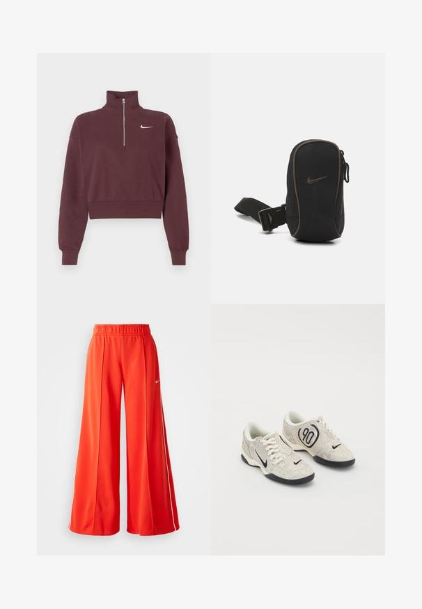 Bordový sveter na zips s vysokým golierom, skrátený strih, rebrované manžety a spodný lem, s bielym logom Nike na hrudi.; Červené tepláky z ľahkej tkaniny majú široký strih, elastický pás a biely logo Nike na boku.; Nike tenisky s béžovým a šedým štruktúrovaným zvrškom, čiernymi akcentmi, veľkým logom "90" a bielym šnurovaním. Čierna podrážka.; Čierny Nike puzdro so zipsovým uzáverom, textúrovaná látka, hnedé akcenty a odnímateľný popruh. Na prednej strane je umiestnené výrazné logo Nike.