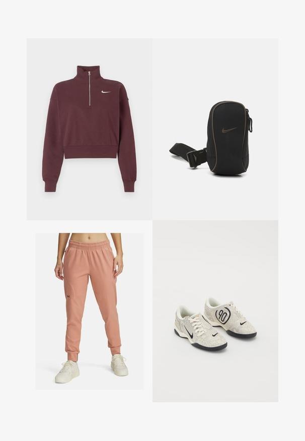 Bordeaux zip-up sweatshirt med høj krave, cropped design, ribbede manchetter og kant, med et hvidt Nike-logo på brystet.; Lyserøde atletiske joggers med elastisk talje, taret bendesign, tonalt syning og et lille sort logo på venstre lår.; Nike sneakers med en beige og grå tekstureret overdel, sorte accenter, et stort "90" logo og en hvid snørebåndslukning. Sort sål.; Sort Nike-pung med lynlås, struktureret stof, brune accenter og en aftagelig rem. Har et fremtrædende Nike-logo på forsiden.