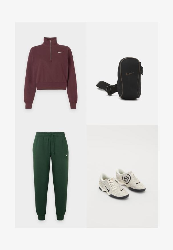 Maroon zip-up sweatshirt with high collar, cropped design, ribbed cuffs and hem, featuring a white Nike logo on the chest.; Green sweatpants with an elastic waistband, drawstring, and cuffed ankles. Features a small white logo on the upper left leg.; Nike sneakers with a beige and gray textured upper, black accents, a large "90" logo, and a white lace-up closure. Black sole.; Black Nike pouch with a zip closure, textured fabric, brown accents, and a detachable strap. Features a prominent Nike logo on the front.