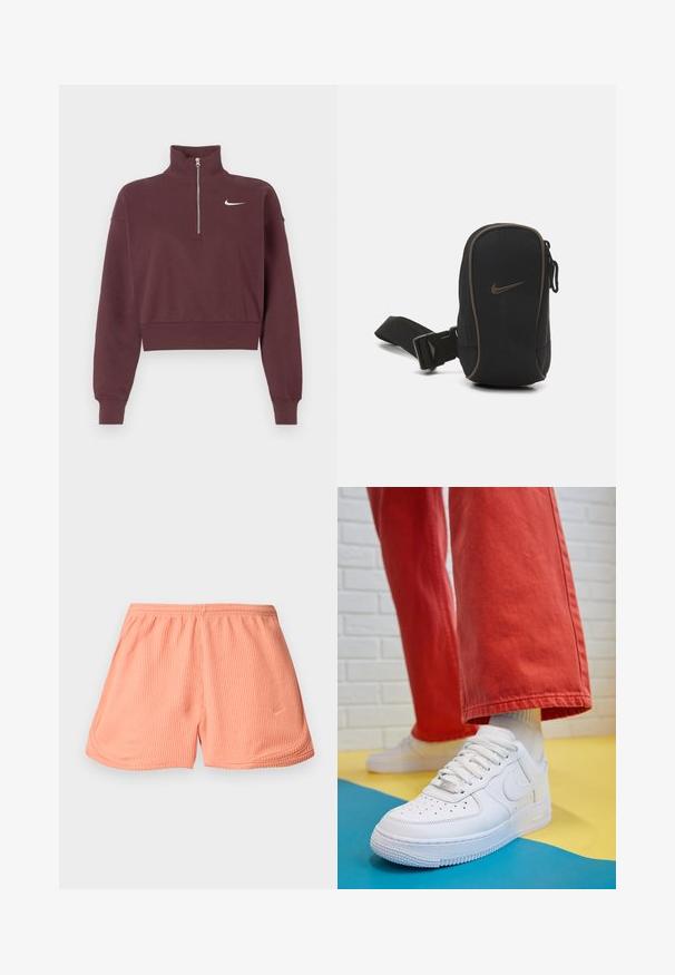 Bordó zipzáras kapucnis pulóver magas gallérral, rövidített fazonban, bordás mandzsettákkal és hem található egy fehér Nike logóval a mellkason.; Rózsaszín bordázott sportbermuda, rugalmas derékkal és oldalsó varrattal, amelyen egy kis logó található az alsó bal elülső részen.; Fehér bőr edzőcipő perforált orral, texturált talppal és fehér fűzővel, széles vörös nadrággal párosítva, kék és sárga háttérrel.; Fekete Nike neszeszer, cipzárral záródik, texturált anyagból készült, barna díszítéssel, és levehető pánttal rendelkezik. Az elején egy jól látható Nike logó található.