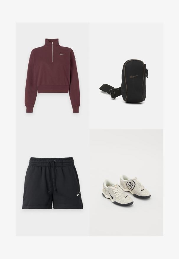 Bordo zip-up dukserica z visokim ovratnikom, skraćeni dizajn, rebraste manžete i donji rub, s belim Nike logotipom na grudima.; Črne športne kratke hlače Nike z elastičnim pasom, vrvico za zategovanje, stranskimi žepi in belim logotipom swoosh na levi nogi.; Nike superge z zgornjim delom v bež in sivi teksturi, črnimi detajli, velikim logotipom "90" in belim vezalnim zapiranjem. Črn podplat.; Črn Nike etui z zadrgo, teksturirano blago, rjavi poudarki in odvojljiv pas. Ima izrazit Nike logo spredaj.