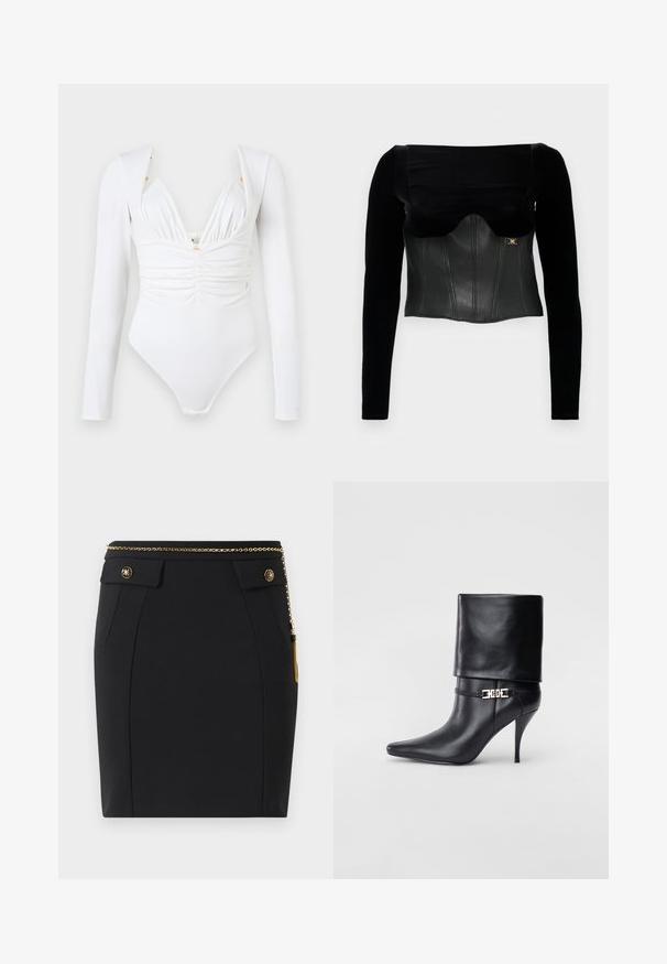 Černý dlouhý rukáv top s strukturovaným koženým korzetem s hladkým povrchem, širokým výstřihem a zlatým akcentem na boku.; Bílý body s dlouhým rukávem, na přední straně nařasený, s hlubokým V výstřihem a jemnými zlatými zdobeními na ramenou. Hladká, elastická tkanina.; Černá přiléhavá sukně s předními kapsami s klopou, zlatými dekorativními knoflíky a tenkým zlatým řetízkem s třásní na pravé straně.; Černé kožené kotníkové boty s špičatou špičkou, vysokým stiletto podpatkem, ohrnovací manžetou a zlatým ozdobným přezkovým detailem na kotníku.