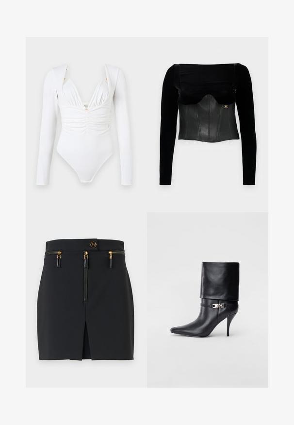 Top lung cu maneci lungi de culoare neagră, cu un corset din piele structurată, cu o textură netedă, un decolteu larg și un accent auriu pe lateral.; Body alb cu mânecă lungă, cu un front plisat, decolteu adânc în V și accente aurii subtile la umeri. Material neted, elastic.; Fustă mini neagră cu o croială structurată, prezentând accesorii din metal aurit, două buzunare cu fermoar și o deschidere frontală pentru un plus de detaliu.; Botine negre din piele, cu vârf ascuțit, toc înalt și subțire, cu manșetă pliată și un detaliu decorativ cu cataramă aurie la gleznă.