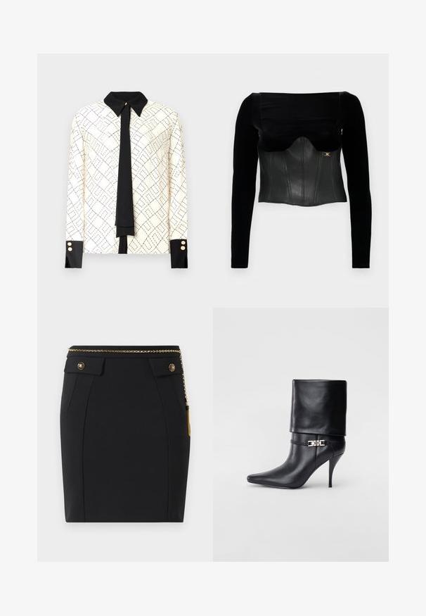 Mustapaita, jossa on pitkät hihat ja rakenteellinen nahkainen vartalo-osa, jossa on sileä pinta, leveä pääntie ja kultainen yksityiskohta sivussa.; Pitkähihaisen ivory-värisen paidan, jossa on musta geometrinen printti, kontrastiväri musta kaulus ja hihansuut sekä musta solmien yksityiskohta. Kullansävytetyt napit hihansuissa.; Mustat istuvat hameet, joissa on etupuolella läppätaskut, kultaiset koristepainikkeet ja ohut kultaketjuvyö, jossa on tupsu oikealla puolella.; Musta nahkasaapas nilkkapituudella, teräväkärkinen, korkea stiletto-korko, käännettävä varsi ja kultainen koristeellinen solki nilkassa.