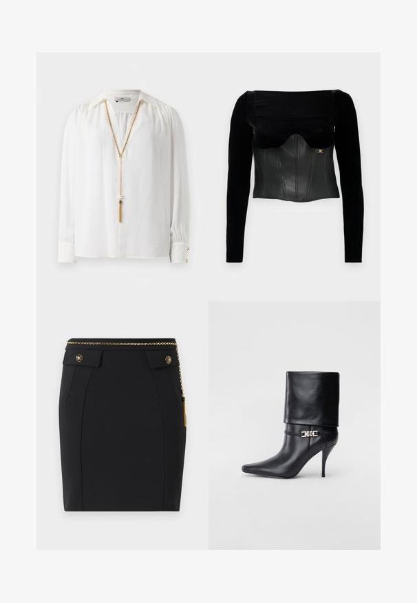 Črn dolgrokavnik z oblikovanim usnjenim telesom z gladko teksturo, širokim izrezom in zlatim dodatkom ob strani.; Bela bluzica z dolgimi rokavi z nabranimi rameni, s poudarjenim ovratnikom, gumbnimi manšetami in dolgo zlatim verižnim nakitom z detajlom fru-fru.; Črna prilegajoča krila z žepoma na sprednji strani, zlatimi dekorativnimi gumbi in tankim zlatim verižnim pasom s šalom na desni strani.; Črne usnjene gležnjarje z ostrim nosom, visokim stiletto peto, zavihanim robom in zlatim okrasnim zaponko na gležnju.