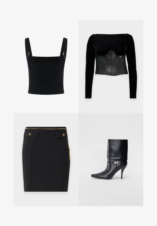 Zwart longsleeve top met een gestructureerd leren bovenstuk met een zachte textuur, een brede halslijn en een gouden accent aan de zijkant.; Zwart cropped top met brede schouderbanden, heeft een gestructureerd ontwerp en verticale naden voor extra vorm en detail. Gladde textuur.; Zwarte getailleerde rok met voorflapzakken, gouden decoratieve knopen en een dunne gouden kettingriem met een kwast aan de rechterzijde.; Zwarte leren enkelboot met een spitse neus, hoge stilettohak, opgevouwen manchet en een gouden decoratieve gespdetails op de enkel.