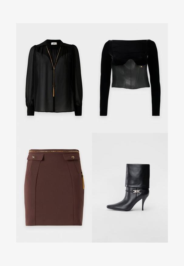 Black long-sleeve top featuring a structured leather bodice with a smooth texture, a wide neckline, and a gold accent on the side.; Black sheer long-sleeve blouse with wide collar and gold chain necklace with tassel pendant hanging at the front.; Brown fitted mini skirt with gold chain belt, decorative buttoned flaps, and gold tassel detail on a plain background.; Black leather ankle boot with a pointed toe, high stiletto heel, fold-over cuff, and a gold decorative buckle detail on the ankle.