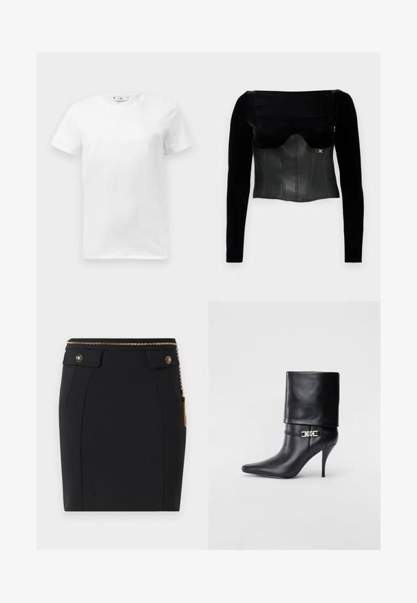 Mustapaita, jossa on pitkät hihat ja rakenteellinen nahkainen vartalo-osa, jossa on sileä pinta, leveä pääntie ja kultainen yksityiskohta sivussa.; Valkoinen puuvillainen t-paita, jossa on pyöreä kaula-aukko. Edessä on hienovarainen kohokuvioitu graafinen suunnittelu. Lyhyet hihat ja suora helma.; Mustat istuvat hameet, joissa on etupuolella läppätaskut, kultaiset koristepainikkeet ja ohut kultaketjuvyö, jossa on tupsu oikealla puolella.; Musta nahkasaapas nilkkapituudella, teräväkärkinen, korkea stiletto-korko, käännettävä varsi ja kultainen koristeellinen solki nilkassa.
