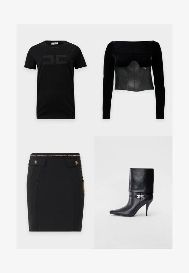 Top negro de manga larga con un corsé de cuero estructurado y textura suave, escote ancho y un detalle dorado en el costado.; Camiseta de algodón negra con mangas cortas y cuello redondo, que presenta un diseño de logotipo tonal en el pecho. Textura suave y ajuste clásico.; Falda negra ajustada con bolsillos delanteros con solapa, botones decorativos en dorado y un cinturón delgado de cadena dorada con un borlas en el lado derecho.; Botín de cuero negro hasta el tobillo con punta afilada, tacón alto de aguja, puño doblado y un detalle decorativo de hebilla dorada en el tobillo.