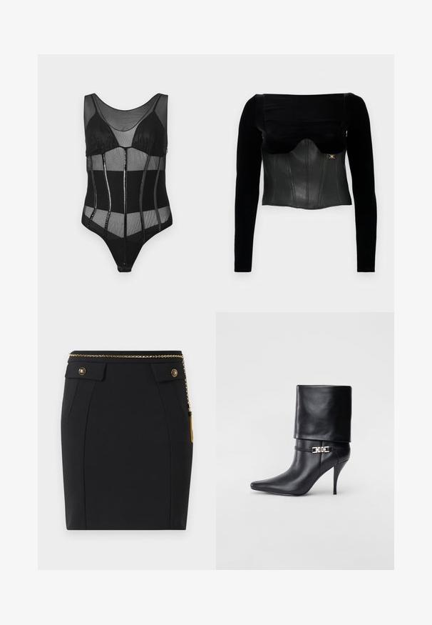 Fekete, hosszú ujjú felső, struktúrált bőr felsőrésszel, sima felülettel, széles nyakkivágással és arany kiegészítővel az oldalon.; Fekete body hálós anyaggal, struktúrált bögre résszel, függőleges panelek fényes részletekkel és kerek kivágással.; Fekete, testhez simuló szoknya elülső zsebekkel, arany díszgombokkal és vékony arany láncból készült övvel, amely jobb oldalon bojt van.; Fekete bőr bokacsizma hegyes orral, magas stiletto sarokkal, hajtott szegéllyel és arany díszcsattal a bokán.
