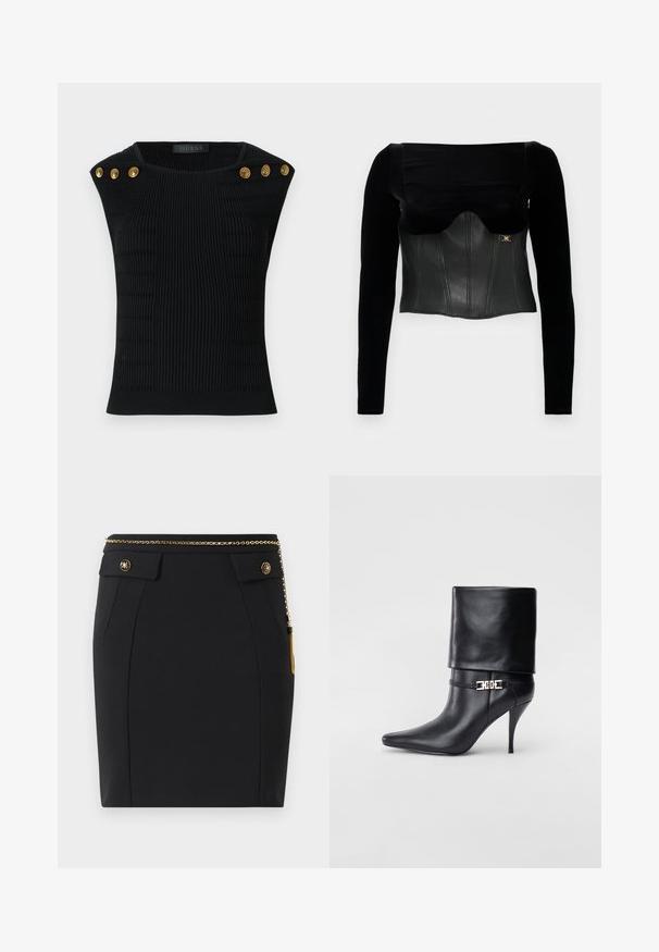 Melnas garām piedurknēm veidotas blūzes, kurai ir strukturēts ādas korpuss ar gludu tekstūru, platais kakls un zelta akcenti sānos.; Melnā ribota adīta krekla virsotne ar zelta plecu pogām. Ievērojami teksturēti raksti, pieguļošs dizains un apaļa kakla izgriezums.; Melnas piegrieztas svārkus ar priekšējiem kabatām, zelta dekoratīvajiem pogām un plānu zelta ķēdes jostu ar pušķi labajā pusē.; Melnas ādas potīšu zābaki ar smailu purngalu, augstu stiletto papēdi, salocītu aproci un zeltītu dekoratīvu sprādzi uz potītes.
