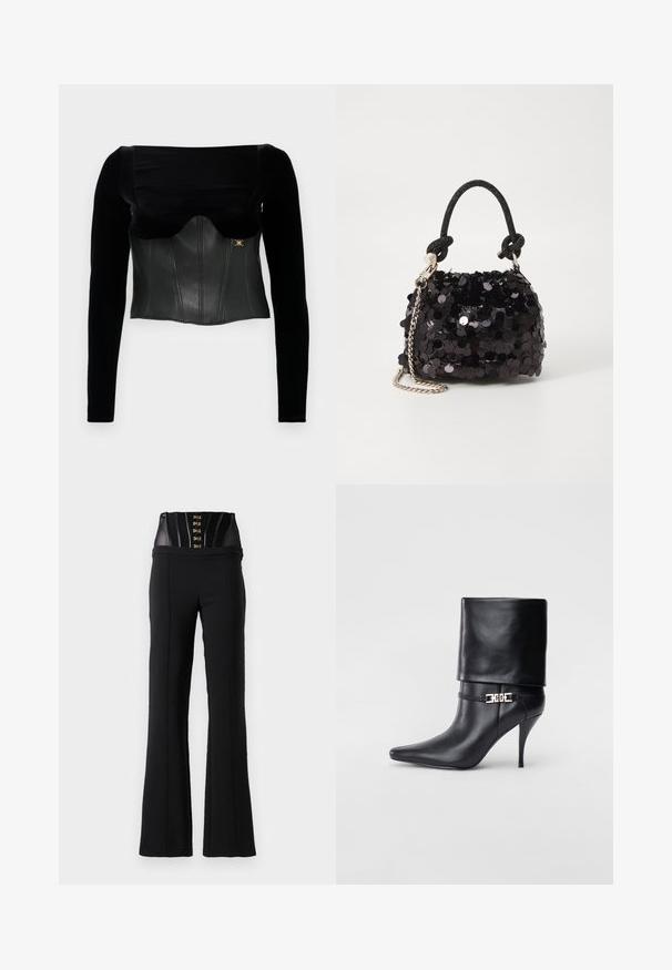 Fekete, hosszú ujjú felső, struktúrált bőr felsőrésszel, sima felülettel, széles nyakkivágással és arany kiegészítővel az oldalon.; Fekete, magas derekú nadrág beépített fekete fűzővel, amely akasztós-záras megoldással és függőleges varrás részletekkel rendelkezik.; Fekete bőr bokacsizma hegyes orral, magas stiletto sarokkal, hajtott szegéllyel és arany díszcsattal a bokán.; Fekete flitteres mini kézitáska csomózott textúrájú pánttal és ezüst lánccal. Lekerekített forma, ráncolt tetejével és fényvisszaverő részletekkel.