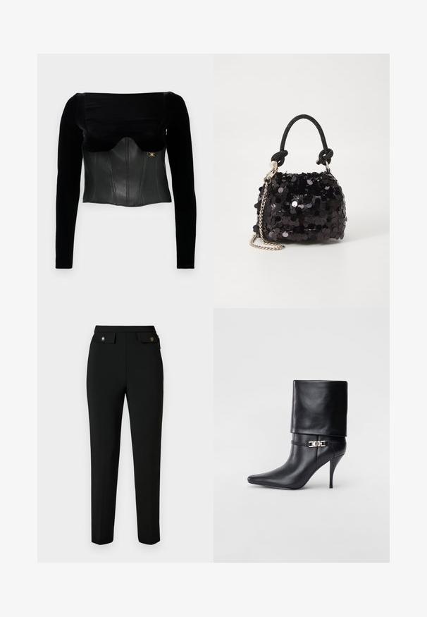 Melnas garām piedurknēm veidotas blūzes, kurai ir strukturēts ādas korpuss ar gludu tekstūru, platais kakls un zelta akcenti sānos.; Melnas piegriezuma bikses, izgatavotas no gludas auduma, ar taisnu griezumu, divām priekšējām kabatām ar vāciņiem un aksesuāriem ar zelta toņu apdari.; Melnas ādas potīšu zābaki ar smailu purngalu, augstu stiletto papēdi, salocītu aproci un zeltītu dekoratīvu sprādzi uz potītes.; Melna spīguļota mini rokas soma ar mezglotu teksturētu siksniņu un sudraba ķēdi. Apaļa forma ar sakopotām malām un atstarojumu detaļām.
