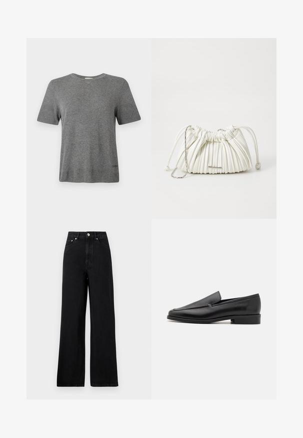 Tricou gri tricotat cu mâneci scurte, decolteu rotund și o textură fină. Are un branding minim aproape de tiv. Design simplu și clasic.; Jeans negre din denim cu talie înaltă, cu un design cu picioare largi, având cinci buzunare și accente din metal argintiu. Textură netedă în general.; Mocasiini din piele neagră, cu vârf rotund, finisaj neted, detalii subtile cusute și toc jos, robust. Design cu talpă plată pentru confort.; Geantă albă plisată, fabricată din material moale. Prezintă închidere cu șnur, mânere împletite și un accent de metal cu nuanță argintie.