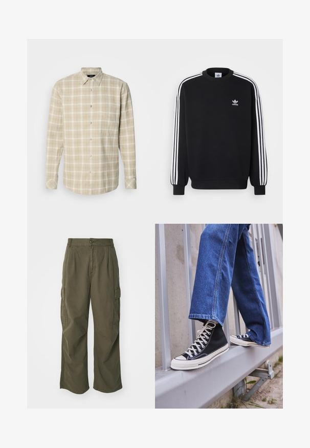 Melna pulksteņa krekla ar baltu trīs svītru dizainu uz piedurknēm, apaļu kaklu, ribotiem aprocēm un mazu baltu Adidas logotipu uz krūšu.; Mads Nørgaard ALASKA CHECK SUNE SHIRT - Krekls - vanilla ice/silver sage; Jūras zila kokvilnas T-kreklu ar apaļu kakla izgriezumu un īsām piedurknēm. Iezīmē vienkāršu dizainu bez rakstiem vai rotājumiem.; Olīvu zaļas kravas bikses, izgatavotas no kokvilnas, ar platām kājām, ar krokām un sānu kabatām funkcionālitātes nolūkos.; Melnas augstas kedas ar baltu zoli un auklām, apvienotas ar brīvām zilām džinsām, atpūšoties uz pelēka margotā balsta.