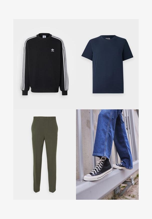 Črna majica s kapuco z belim trakom s tremi črtami na rokavih, okroglo ovratnico, rebrastimi manšetami in majhnim belim logotipom Adidas na prsih.; Temno modra bombažna majica s krožnim izrezom in kratkimi rokavi. Ima preprost dizajn brez vzorcev ali okrasitev.; Olivno zelene hlače s prilagojenim krojem, ravnimi nogavicami in diskretnim šivom. Narejene iz gladkega materiala brez vidnih žepov.; Črne visoke teniske z belim podplatom in vezalkami, v kombinaciji z ohlapnimi modrimi džinsom, naslonjene na sivo ograjo.