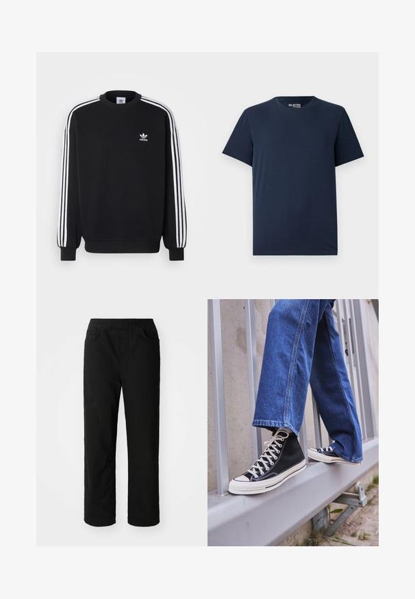 Čierna mikina s bielym trojpruhom na rukávoch, okrúhly výstrih, rebrované manžety a malé biele logo Adidas na hrudi.; Námornícky modré bavlnené tričko s okrúhlym výstrihom a krátkymi rukávmi. Má jednoduchý dizajn bez vzorov alebo ozdôb.; Čierne bavlnené nohavice s uvoľneným strihom, elastickým pásom, dvomi prednými vreckami a rovnými nohavicami. Hladká textúra bez viditeľných vzorov.; Čierne vysoké tenisky s bielou podrážkou a šnúrkami, kombinované so voľnými modrými riflami, položené na sivej zábradlí.