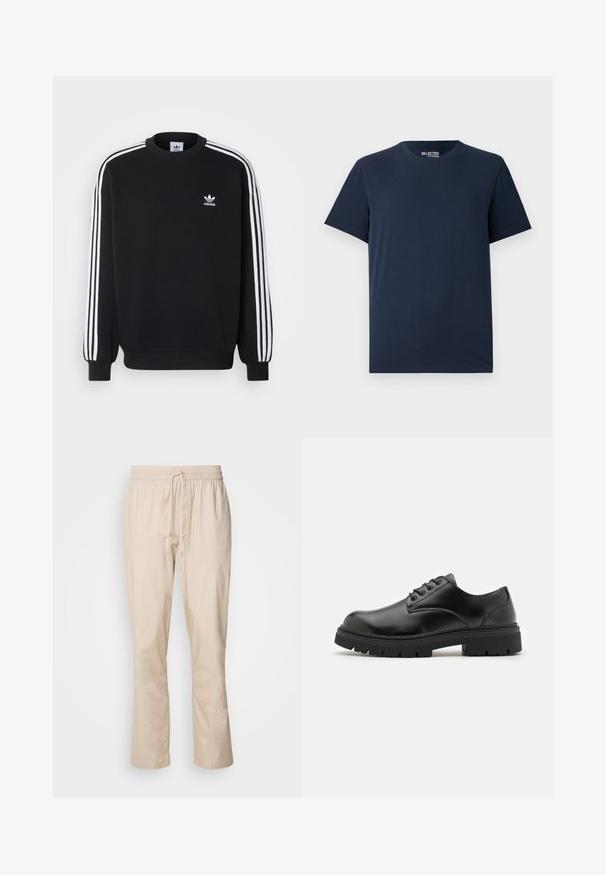 Melna pulksteņa krekla ar baltu trīs svītru dizainu uz piedurknēm, apaļu kaklu, ribotiem aprocēm un mazu baltu Adidas logotipu uz krūšu.; Jūras zila kokvilnas T-kreklu ar apaļu kakla izgriezumu un īsām piedurknēm. Iezīmē vienkāršu dizainu bez rakstiem vai rotājumiem.; Bežīgas bikses ar brīvu piegriezumu, elastīgu jostu un auklu. Gluda tekstūra, nedaudz sašaurinātas kājas, bez redzamām apdarēm vai detaļām.; Melnas ādas kurpes ar noapaļotu purngalu, mezglu dizainu un biezu, strukturētu gumijas zoli. Satur šuvju detaļas gar malu un gludu apdari.