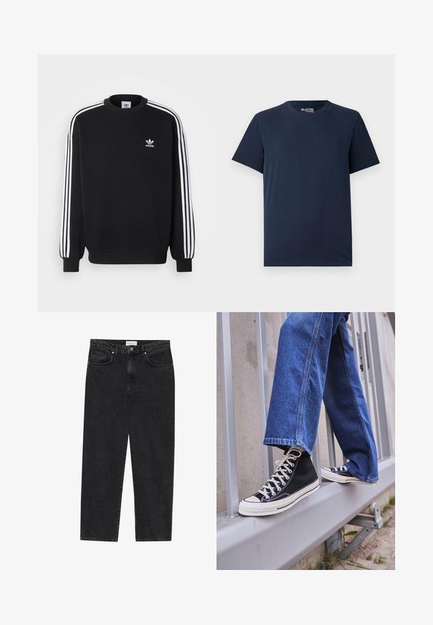 Črna majica s kapuco z belim trakom s tremi črtami na rokavih, okroglo ovratnico, rebrastimi manšetami in majhnim belim logotipom Adidas na prsih.; Temno modra bombažna majica s krožnim izrezom in kratkimi rokavi. Ima preprost dizajn brez vzorcev ali okrasitev.; Črne kavbojke iz denima s ravno krojenjem, petimi žepi, zapiranjem na gumb in rahlo razjasnjeno teksturo. Imajo šive kot dekorativne dodatke na šivih.; Črne visoke teniske z belim podplatom in vezalkami, v kombinaciji z ohlapnimi modrimi džinsom, naslonjene na sivo ograjo.