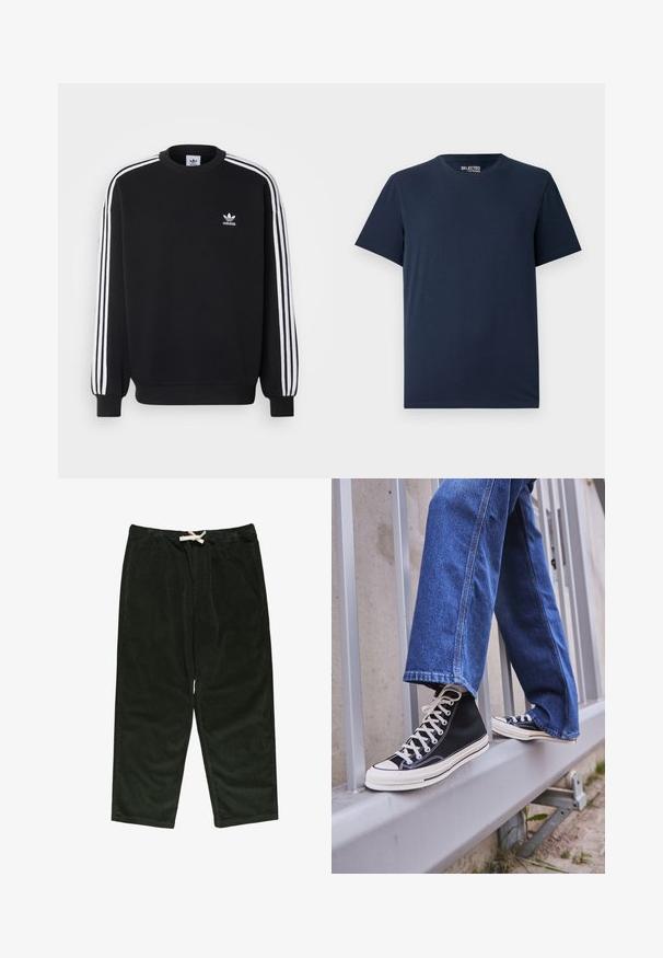 Schwarzer Sweatshirt mit weißem Dreistreifen-Design an den Ärmeln, Rundhalsausschnitt, gerippten Bündchen und kleinem weißen Adidas-Logo auf der Brust.; Dunkelblaues Baumwoll-T-Shirt mit rundem Halsausschnitt und kurzen Ärmeln. Hat ein schlichtes Design ohne Muster oder Verzierungen.; Dunkelgrüne Cord-Hose mit einem Elastikbund und Kordelzug, lockerer Passform und Seitentaschen. Weicher Stoff und gerades Bein.; Schwarze High-Top-Sneaker mit weißer Sohle und Schnürsenkeln, kombiniert mit lockeren blauen Jeans, die auf einem grauen Geländer ruhen.