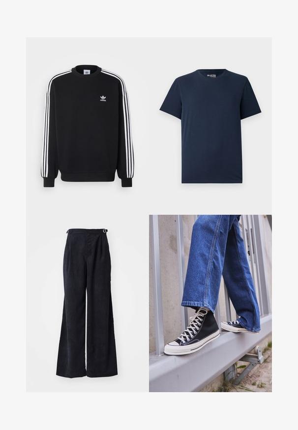 Black sweatshirt with white three-stripe design on sleeves, round neck, ribbed cuffs, and small white Adidas logo on chest.; Navy blue cotton T-shirt with a round neckline and short sleeves. Features a simple design with no patterns or embellishments.; Heathe KENE TROUSERS REPEAT - Trousers - black; Black high-top sneakers with white sole and laces, paired with loose blue denim jeans, resting on a gray railing.