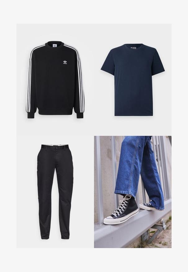 Musta särk, millel on valge kolme triibu disain varrukatel, ümmargune kaelus, soonikääred ja väike valge Adidas logo rinnal.; Tumed sinine puuvillane T-särk ümmarguse kaelusega ja lühikeste varrukatega. Omab lihtsat disaini ilma mustrite või kaunistusteta.; Mustad mustad püksid, millel on kitsas lõige, lamav esiosa, vööde jaoks silmad ja üks nupuvajutus. Sujuv kangas vähese läikega.; Mustad mustade kõrgete tossudega, millel on valge tallaga ja valged paelad, koos vaba sinise denimidega, mis puhkavad hallil piiridel.