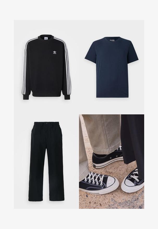 Black sweatshirt with white three-stripe design on sleeves, round neck, ribbed cuffs, and small white Adidas logo on chest.; Navy blue cotton T-shirt with a round neckline and short sleeves. Features a simple design with no patterns or embellishments.; Black trousers made of lightweight fabric, featuring an elastic waistband with drawstring, a button closure, and straight-leg design.; Black canvas sneakers with white rubber toe caps and laces. Contrast stitching and metal eyelets add detail. Worn with beige pants and black fabric.