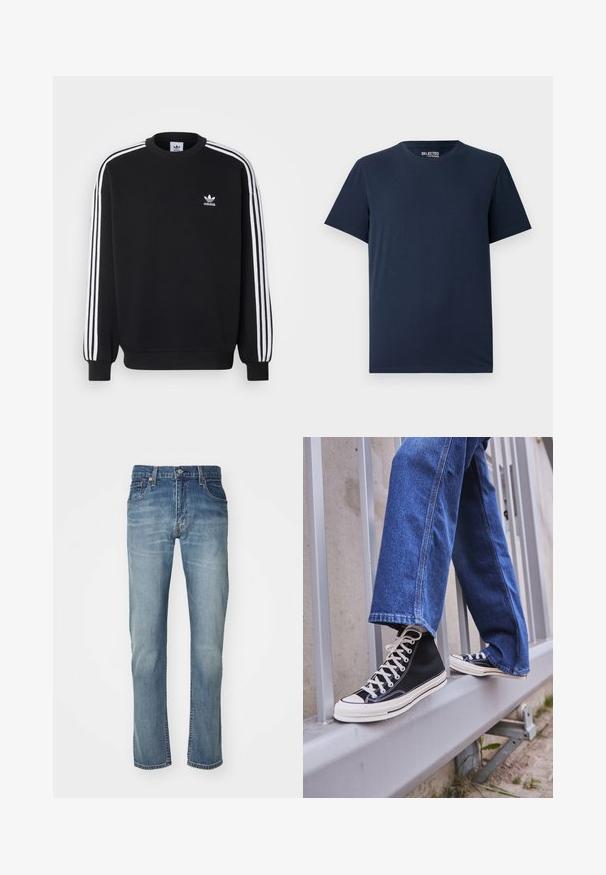 Svart hettegenser med hvit tre-stripes design på ermene, rund hals, ribbestrikkede mansjetter og liten hvit Adidas-logo på brystet.; Marineblå bomull T-skjorte med rund hals og korte ermer. Har et enkelt design uten mønstre eller dekorasjoner.; Blå denimjeans med en rett ben-design, med en falmet vask, fem lommer og en metallknapp-lukking i midjen.; Svarte høy-hælte joggesko med hvit såle og snøring, paired med løse blå denim-jeans, hvilende på et grått rekkverk.