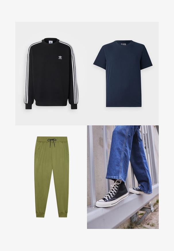 Juoda megztinis su baltomis trimis juostelėmis ant rankovių, apvaliu kaklu, gumuotais rankogaliais ir nedideliu baltu Adidas logotipu ant krūtinės.; Jūrinės mėlynos spalvos medvilninis T-shirt'as su apvaliu iškirpimu ir trumpomis rankovėmis. Pasižymi paprastu dizainu be raštų ar papuošimų.; Olivinės spalvos sportinės kelnės su elastinga juosta, juodu raiščiu, šoninėmis kišenėmis ir sutrauktomis apačiomis. Lygi tekstūra.; Juodi aukšti sportiniai bateliai su baltu padu ir raišteliais, derinami su laisvai krentančiais mėlynais džinsais, atremti į pilką turėklą.