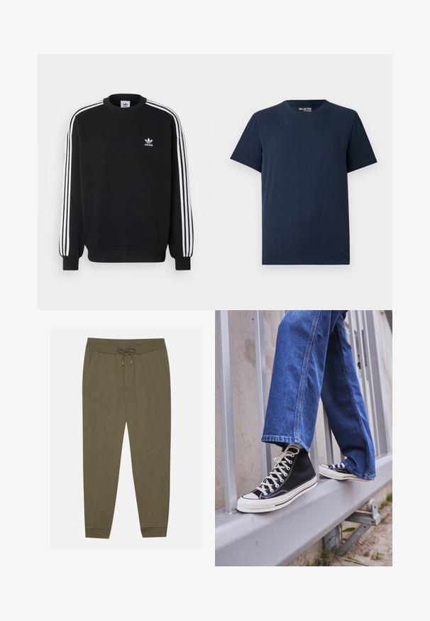 Svart hoodie med vitt tre-stripesmönster på ärmarna, rund hals, ribbade ärmslut och liten vit Adidas-logotyp på bröstet.; Mörkblå bomulls T-shirt med rund halsringning och korta ärmar. Har en enkel design utan mönster eller dekorationer.; Olivgröna joggerbyxor med elastisk midja, dragsko, sidofickor och avsmalnande ben. Tillverkade av mjukt tyg med en slät textur.; Svarta högskurna sneakers med vit sula och snören, tillsammans med lösa blå jeans, vilande på ett grått räcke.