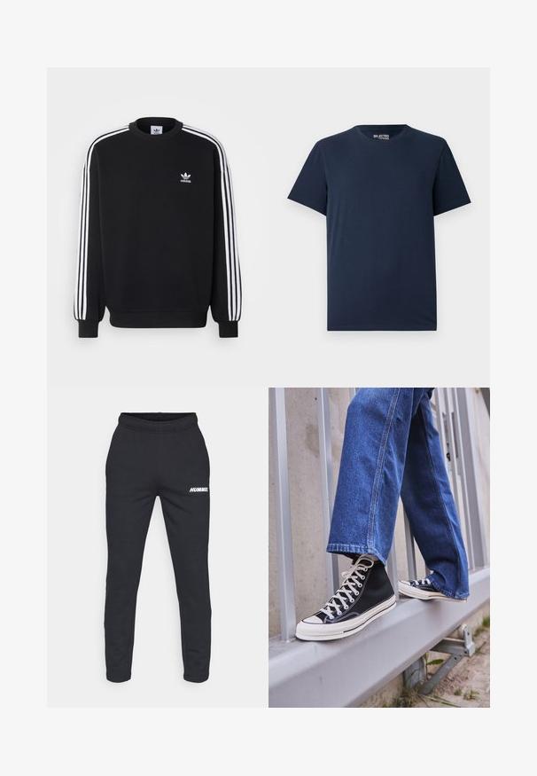 Schwarzer Sweatshirt mit weißem Dreistreifen-Design an den Ärmeln, Rundhalsausschnitt, gerippten Bündchen und kleinem weißen Adidas-Logo auf der Brust.; Dunkelblaues Baumwoll-T-Shirt mit rundem Halsausschnitt und kurzen Ärmeln. Hat ein schlichtes Design ohne Muster oder Verzierungen.; Hummel ELEMENTAL TAPERED PANTS - Jogginghose - black; Schwarze High-Top-Sneaker mit weißer Sohle und Schnürsenkeln, kombiniert mit lockeren blauen Jeans, die auf einem grauen Geländer ruhen.