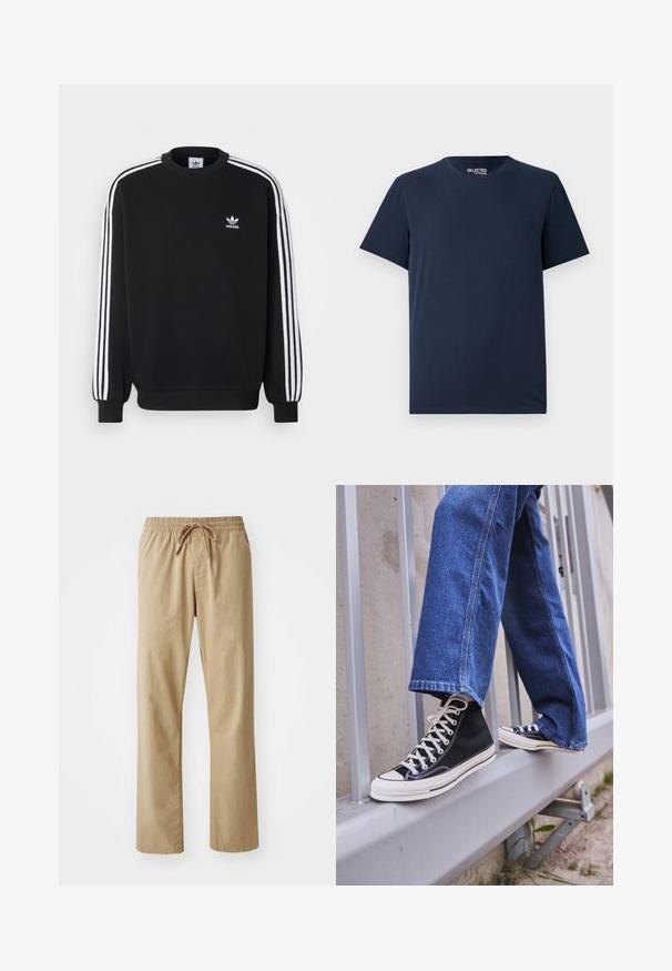 Černá mikina s bílým designem tří pruhů na rukávech, kulatý výstřih, žebrované manžety a malé bílé logo Adidas na hrudi.; Námořnická modrá bavlněná tričko s kulatým výstřihem a krátkými rukávy. Má jednoduchý design bez vzorů nebo ozdob.; Světlé béžové kalhoty s elastickým pasem a šňůrkou na stažení. Vyrobené z měkké tkaniny, mají rovné nohavice a hladkou strukturu.; Černé vysoké tenisky s bílou podrážkou a tkaničkami, v kombinaci s volnými modrými džíny, odpočívající na šedém zábradlí.
