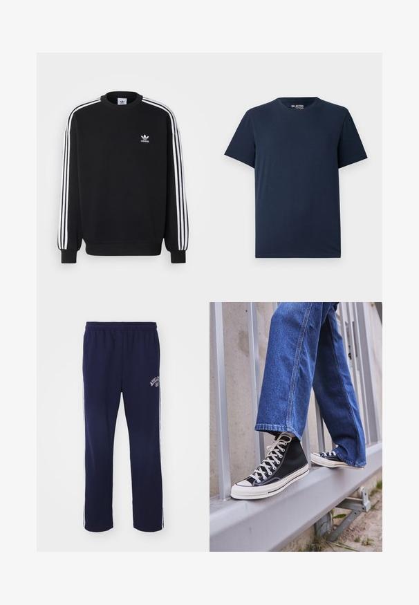 Sort sweatshirt med hvidt tre-stripes design på ærmerne, rund hals, ribbede manchetter og lille hvid Adidas-logo på brystet.; Mørkeblå bomulds T-shirt med rund halsudskæring og korte ærmer. Har et enkelt design uden mønstre eller pynt.; Mørkeblå sweatpants med elastisk talje, hvide sidestreger og broderet tekst på venstre ben. Lavet af blødt, åndbart stof.; Sorte høj-top sneakers med hvid sål og snørebånd, parret med løse blå denimjeans, hvilende på et gråt gelænder.