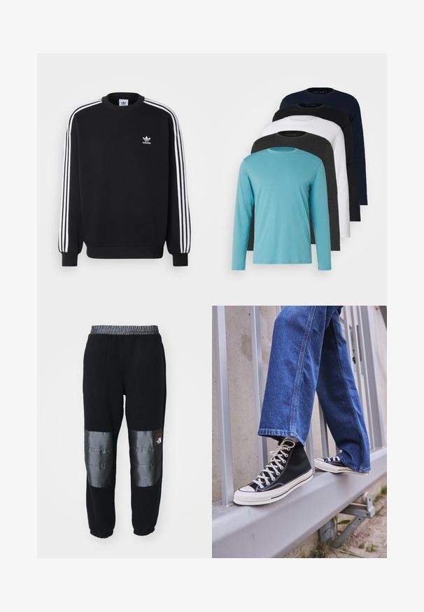 Mustapaita, jossa valkoinen kolmiraidallinen muotoilu hihoissa, pyöreä kaula-aukko, ribbireunukset ja pieni valkoinen Adidas-logo rinnassa.; Viisi pitkähihapaitaa rivissä: turkoosi, musta, valkoinen, tummanharmaa ja tummansininen. Pehmeä kangas, jossa pyöreä kaula-aukko ja normaali istuvuus.; The North Face M RETRO DENALI PANT - Verryttelyhousut - black/moonstone grey; Mustat high-top tennarit valkoisella pohjalla ja nauhoilla, yhdistettynä väljään sinisiin farkkuihin, lepäävät harmaalla kaiteella.