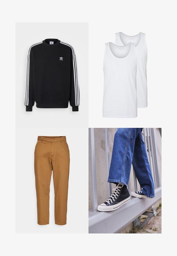 Black sweatshirt with white three-stripe design on sleeves, round neck, ribbed cuffs, and small white Adidas logo on chest.; White cotton tank tops with rounded necklines, featuring a smooth texture. Two pieces displayed, labeled "PIER ONE."; Brown, straight-leg trousers with a smooth texture, button closure, and belt loops. Features a classic design and no visible patterns.; Black high-top sneakers with white sole and laces, paired with loose blue denim jeans, resting on a gray railing.