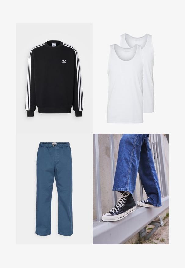 Black sweatshirt with white three-stripe design on sleeves, round neck, ribbed cuffs, and small white Adidas logo on chest.; White cotton tank tops with rounded necklines, featuring a smooth texture. Two pieces displayed, labeled "PIER ONE."; Chino pants in dark blue cotton. Features elastic waistband, straight legs, and a smooth texture. No visible patterns or embellishments.; Black high-top sneakers with white sole and laces, paired with loose blue denim jeans, resting on a gray railing.